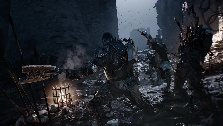 Mortal Shell II warrior fighting enemies beside a brazier